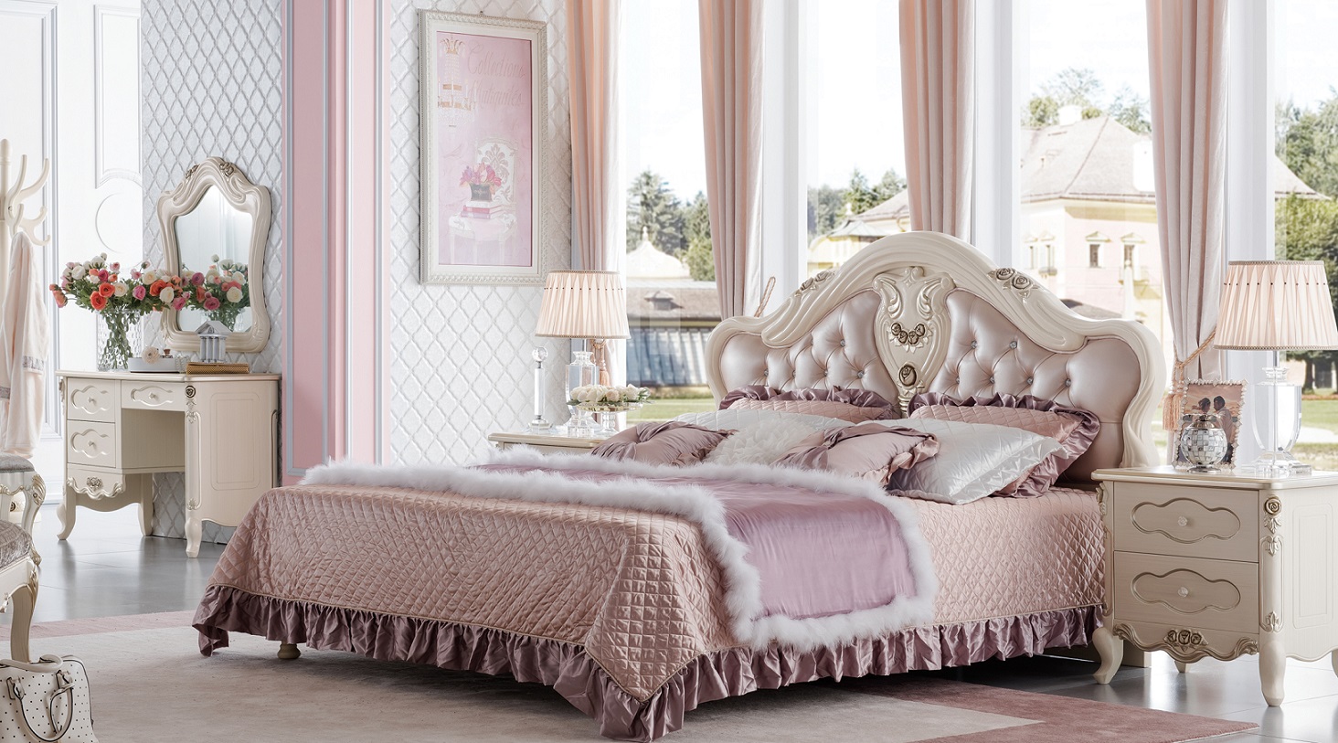 LY-LS13-bed(1800×2000mm以下マットレス対応)プリンセス・お姫様・姫系・ロココ調・高級彫刻付きベッド(